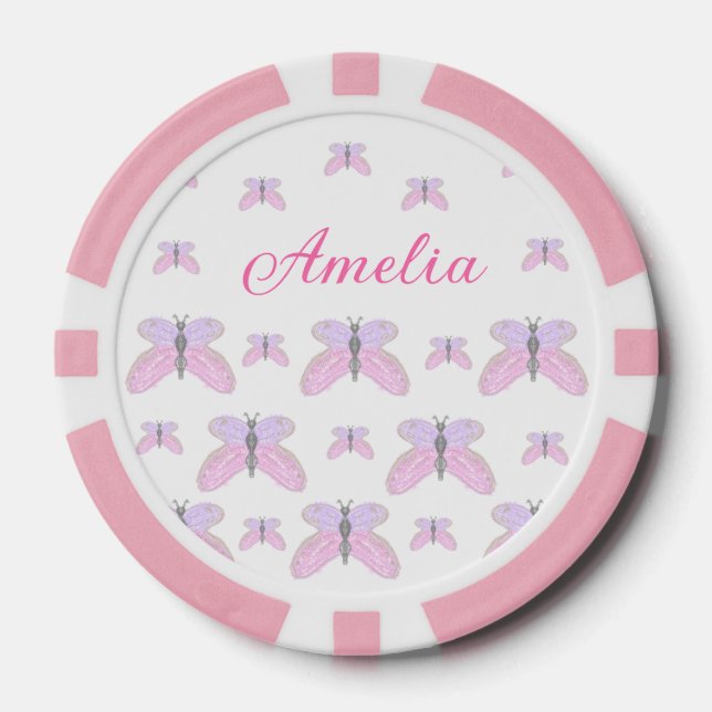 Pink purple glitter butterfly add name text letter poker chips (Front)