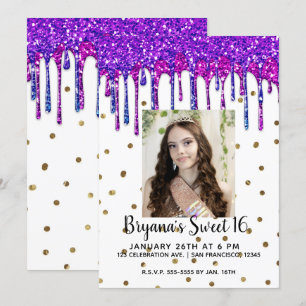 Pink Purple Glitter Drip Birthday Sweet 16 Photo Invitation