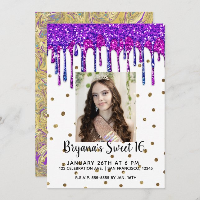 Pink Purple Glitter Drip Birthday Sweet 16 Photo Invitation (Front/Back)