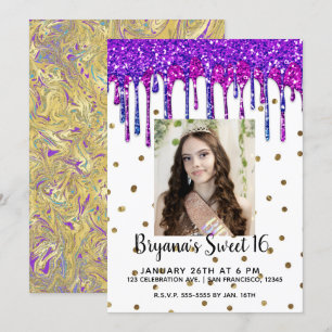 Pink Purple Glitter Drip Birthday Sweet 16 Photo Invitation