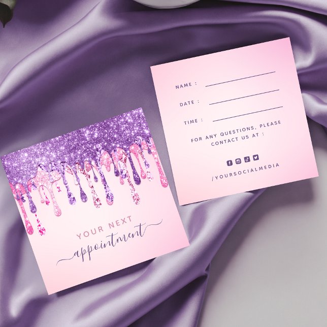 Pink Purple Glitter Dripping Appointment Reminder Square Business Card (Creator Uploaded)