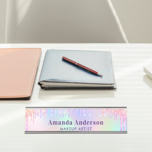 Pink purple glitter drips holographic desk name plate