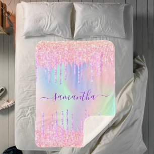 Pink purple glitter drips holographic girl name sherpa blanket