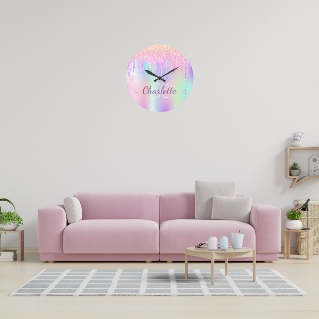 Pink purple glitter drips holographic monogram large clock (Creator Uploaded)
