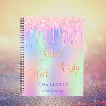 Pink purple glitter drips holographic school planner<br><div class="desc">A trendy holographic coloured background with unicorn and rainbow pastel colours in pink,  purple,  mint green. Decorated with faux glitter drips in pink and purple. Personalise and add a name.  Golden text: School,  work,  study</div>