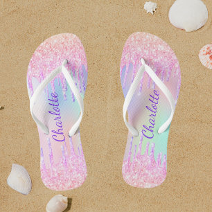 Pink purple glitter drips name holographic thongs