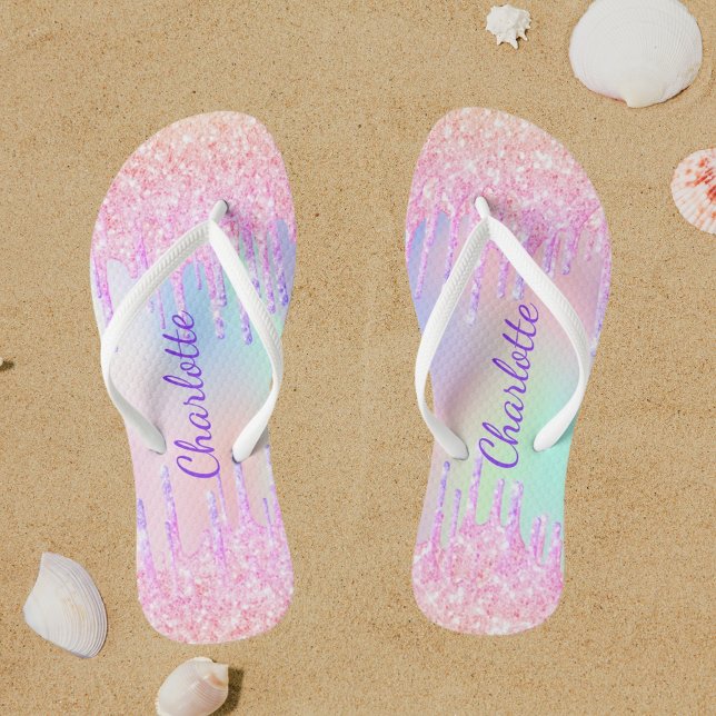 Pink purple glitter drips name holographic thongs (Creator Uploaded)