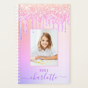 Pink purple glitter drips photo girl school planner