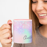 Pink purple glitter dust holographic name script m mug<br><div class="desc">A trendy holographic background with unicorn and rainbow pastel colours in pink,  purple,  rose gold,  mint green. Decorated with faux glitter dust. Personalise and add a name,  written with a modern hand lettered style script.</div>