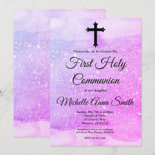 Pink Purple Glitter Girl 1st First Holy Communion Invitation