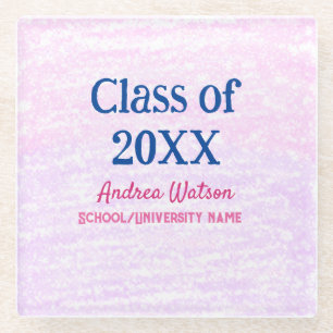 Pink purple glitter graduate class of add name yea glass coaster