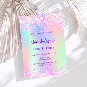 Pink purple glitter holographic 10th birthday invitation