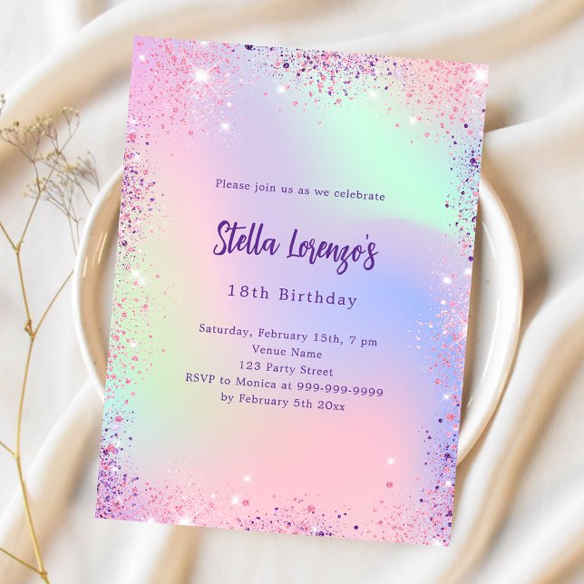 Pink purple glitter holographic luxury birthday invitation (Creator Uploaded)
