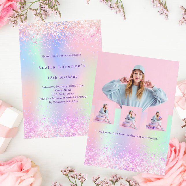 Pink purple glitter holographic photo birthday invitation (Creator Uploaded)