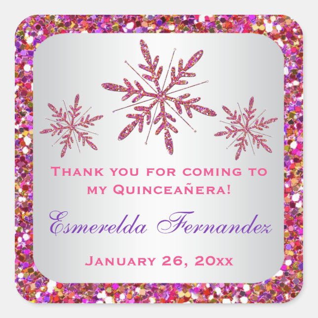 Pink, Purple Glitter LOOK Snowflakes Favour Sticke Square Sticker (Front)