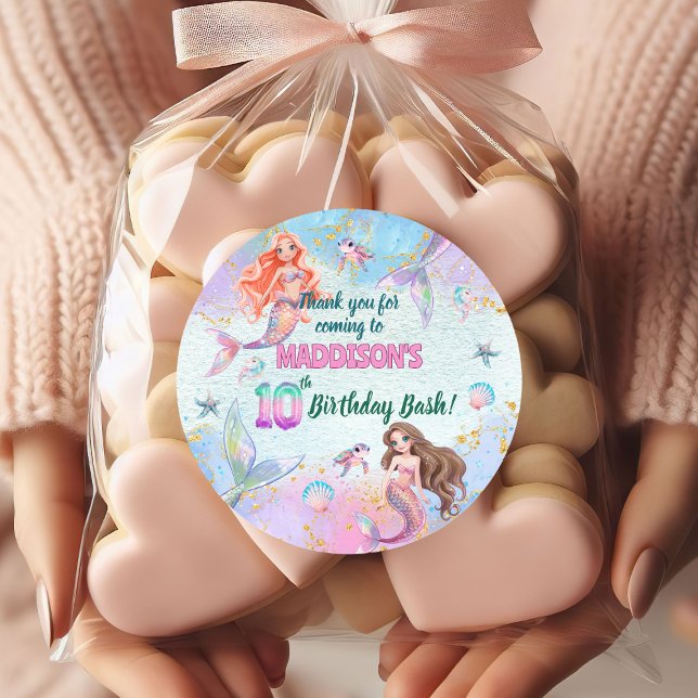Pink Purple Glitter Mermaids 10th Birthday Party Classic Round Sticker (Creator Uploaded)