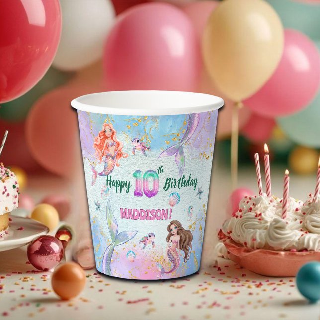 Pink Purple Glitter Mermaids 10th Birthday Party Paper Cups (Creator Uploaded)