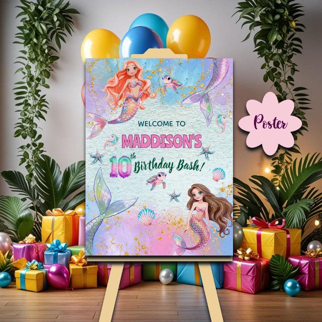 Pink Purple Glitter Mermaids 10th Birthday Welcome Poster (Creator Uploaded)
