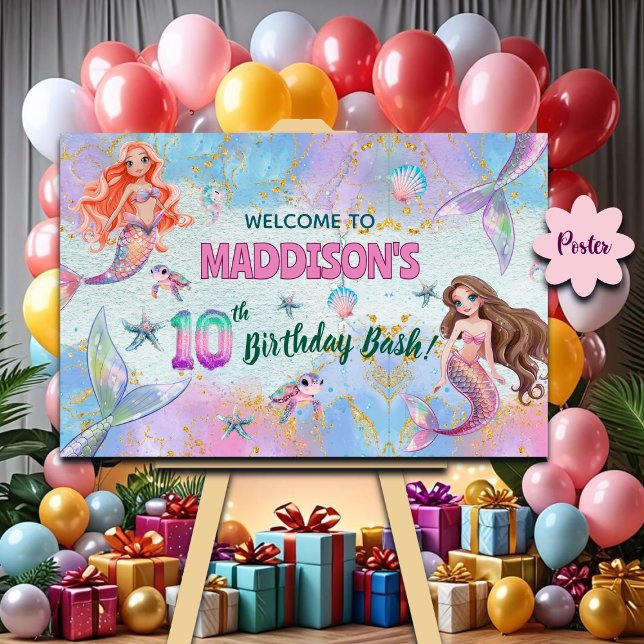 Pink Purple Glitter Mermaids 10th Birthday Welcome Poster (Creator Uploaded)