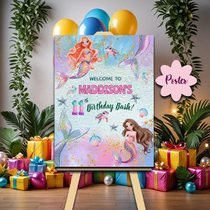Pink Purple Glitter Mermaids 11th Birthday Welcome Poster