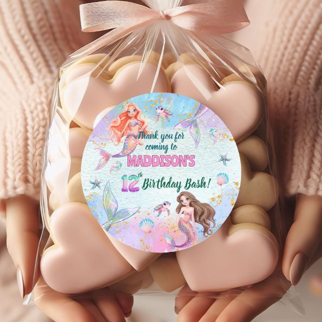 Pink Purple Glitter Mermaids 12th Birthday Party Classic Round Sticker (Creator Uploaded)
