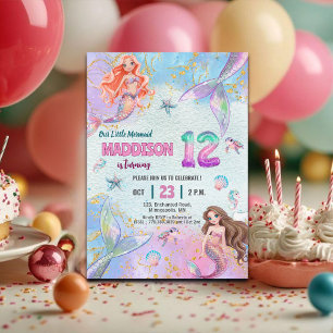 Pink Purple Glitter Mermaids 12th Birthday Party Invitation