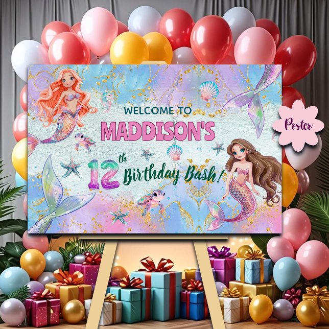 Pink Purple Glitter Mermaids 12th Birthday Welcome Poster (Creator Uploaded)