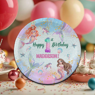 Pink Purple Glitter Mermaids 1st Birthday Party Paper Plate