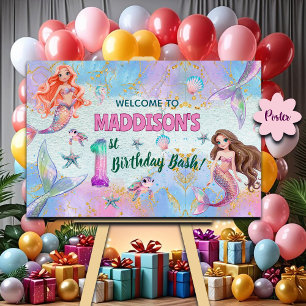 Pink Purple Glitter Mermaids 1st Birthday Welcome Poster