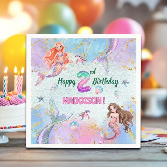 Pink Purple Glitter Mermaids 2nd Birthday Party Napkin (Creator Uploaded)