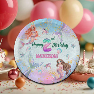 Pink Purple Glitter Mermaids 2nd Birthday Party Paper Plate
