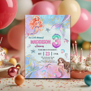 Pink Purple Glitter Mermaids 3rd Birthday Party Invitation