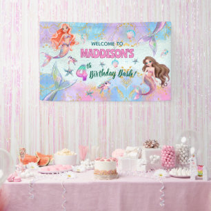 Pink Purple Glitter Mermaids 4th Birthday Welcome  Banner