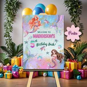 Pink Purple Glitter Mermaids 5th Birthday Welcome Poster