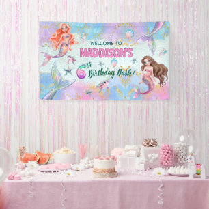 Pink Purple Glitter Mermaids 6th Birthday Welcome Banner