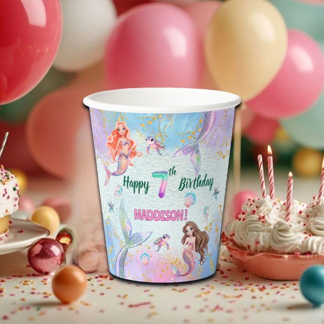 Pink Purple Glitter Mermaids 7th Birthday Party Paper Cups (Creator Uploaded)