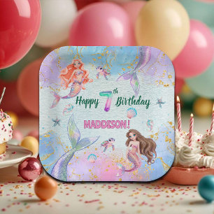 Pink Purple Glitter Mermaids 7th Birthday Party Paper Plate