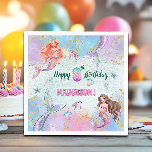 Pink Purple Glitter Mermaids 8th Birthday Party Napkin (Creator Uploaded)
