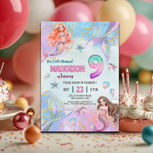 Pink Purple Glitter Mermaids 9th Birthday Party Invitation