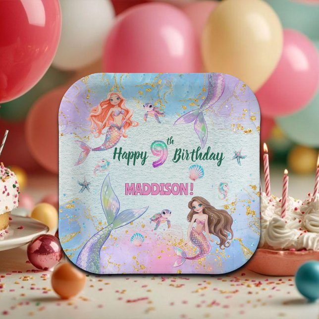 Pink Purple Glitter Mermaids 9th Birthday Party Paper Plate (Creator Uploaded)