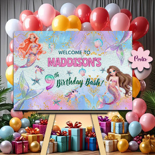 Pink Purple Glitter Mermaids 9th Birthday Welcome Poster