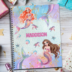 Pink Purple Glitter Mermaids Add Name Notebook