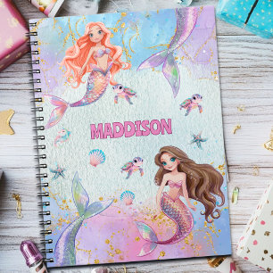 Pink Purple Glitter Mermaids Add Name Notebook
