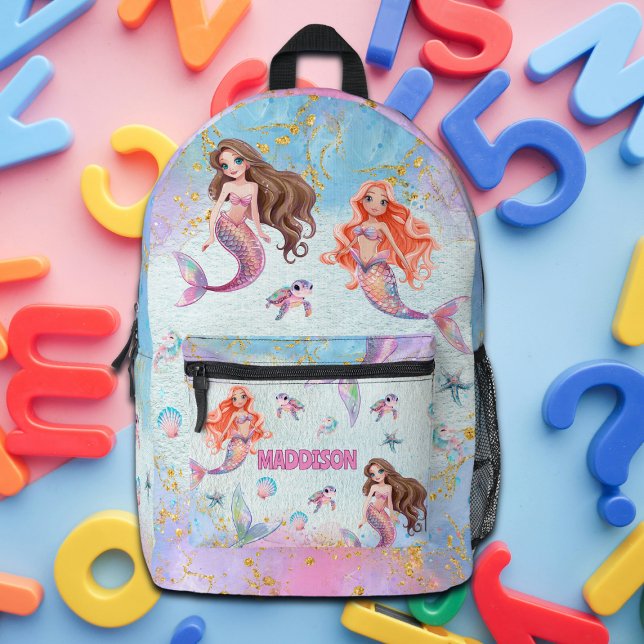 Pink Purple Glitter Mermaids Add Name Printed Backpack (Creator Uploaded)