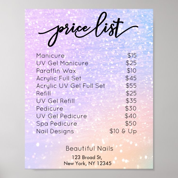 Pink & Purple Glitter Nail Salon Price List Poster | Zazzle