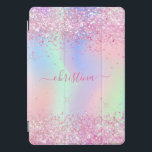 Pink purple glitter name holographic script iPad pro cover<br><div class="desc">A trendy iridescent, holographic background with pastel colours in pink, purple, rose gold, mint green. Decorated with faux glitter dust. Purple coloured letters. Personalise and add your name. The name is written with a modern hand lettered style script with swashes. To keep the swashes only delete the sample name, leave...</div>