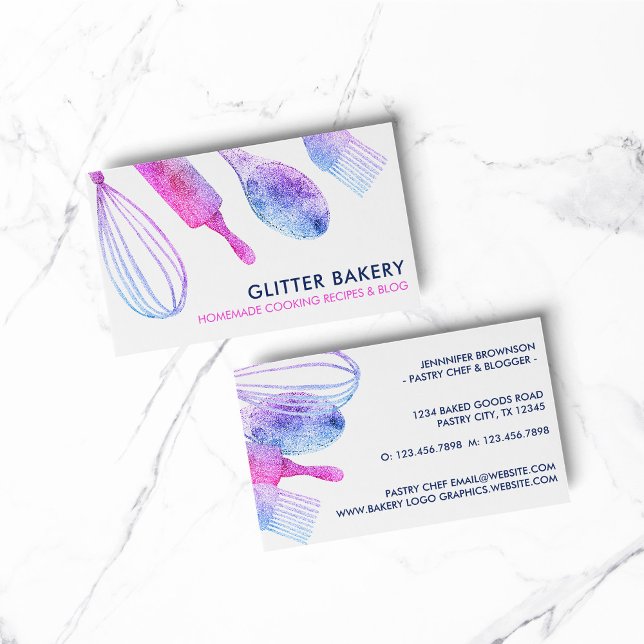 Pink Purple Glitter pastry bakery cook Caterer Business Card (bakery business  chef)