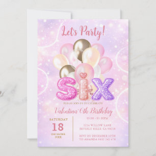 Pink Purple Glitter Six Balloon Birthday Party Invitation