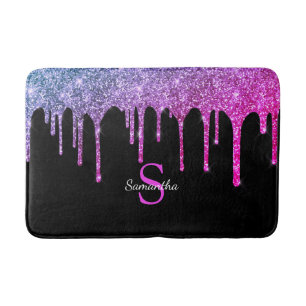 Pink Purple Glitter Sparkle Drips Monogram Name Bath Mat