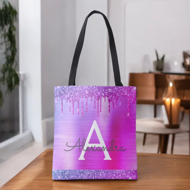 Pink Purple Glitter Sparkle Elegant Monogram Tote  (Creator Uploaded)